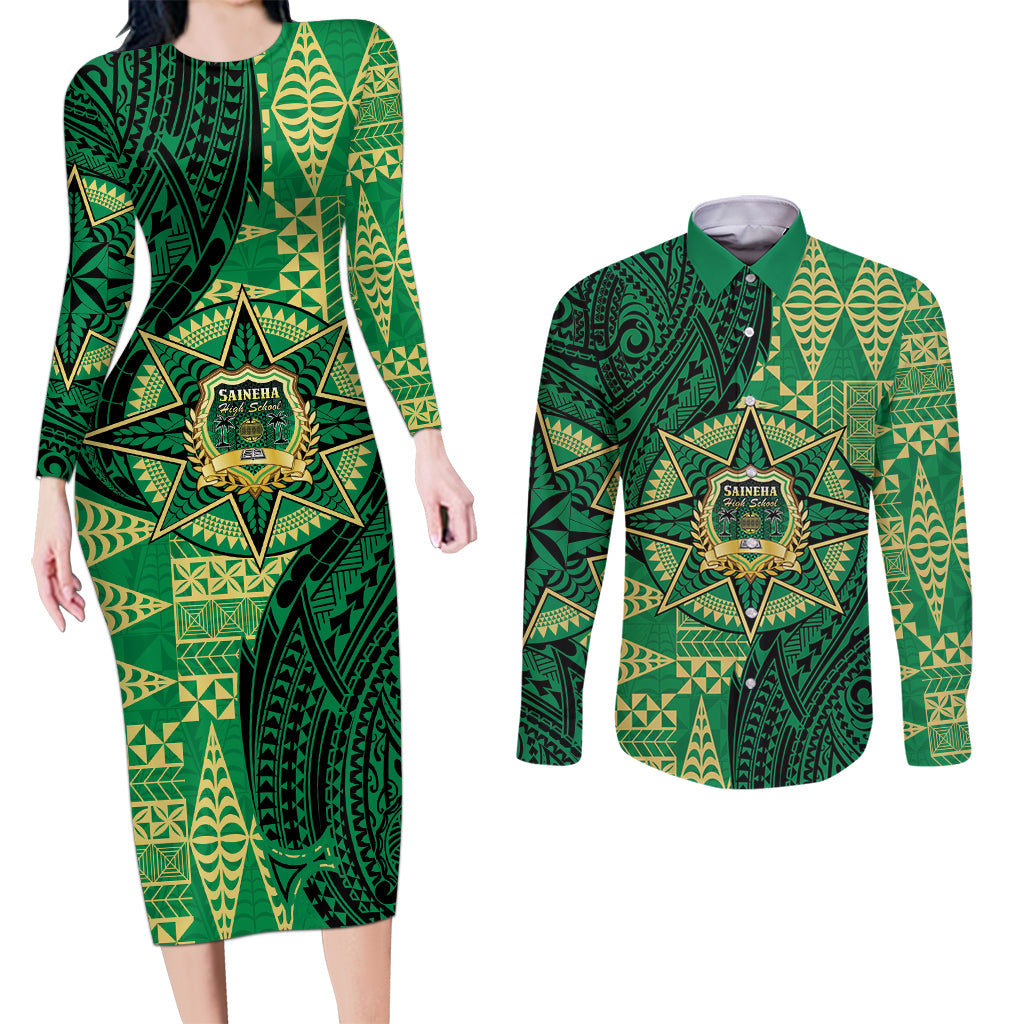 Personalised Tonga Saineha High School Couples Matching Long Sleeve Bodycon Dress and Long Sleeve Button Shirt Since 1978 Special Kupesi Pattern LT9 Green - Polynesian Pride