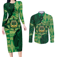 Personalised Tonga Saineha High School Couples Matching Long Sleeve Bodycon Dress and Long Sleeve Button Shirt Since 1978 Special Kupesi Pattern LT9 Green - Polynesian Pride