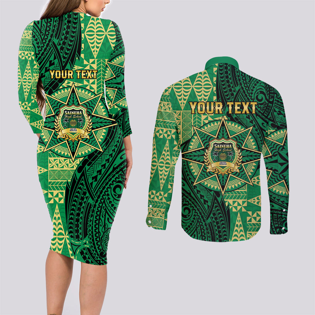 Personalised Tonga Saineha High School Couples Matching Long Sleeve Bodycon Dress and Long Sleeve Button Shirt Since 1978 Special Kupesi Pattern LT9 - Polynesian Pride