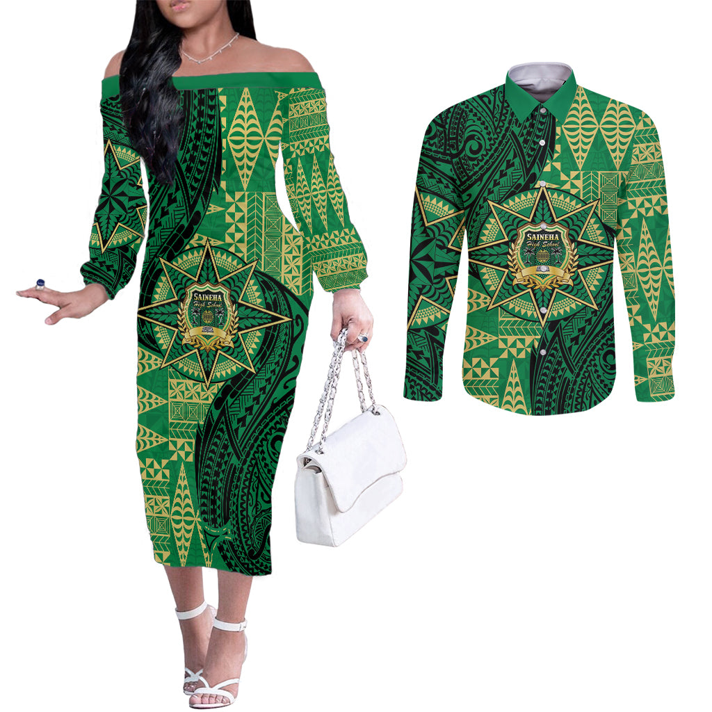 Personalised Tonga Saineha High School Couples Matching Off The Shoulder Long Sleeve Dress and Long Sleeve Button Shirt Since 1978 Special Kupesi Pattern LT9 Green - Polynesian Pride