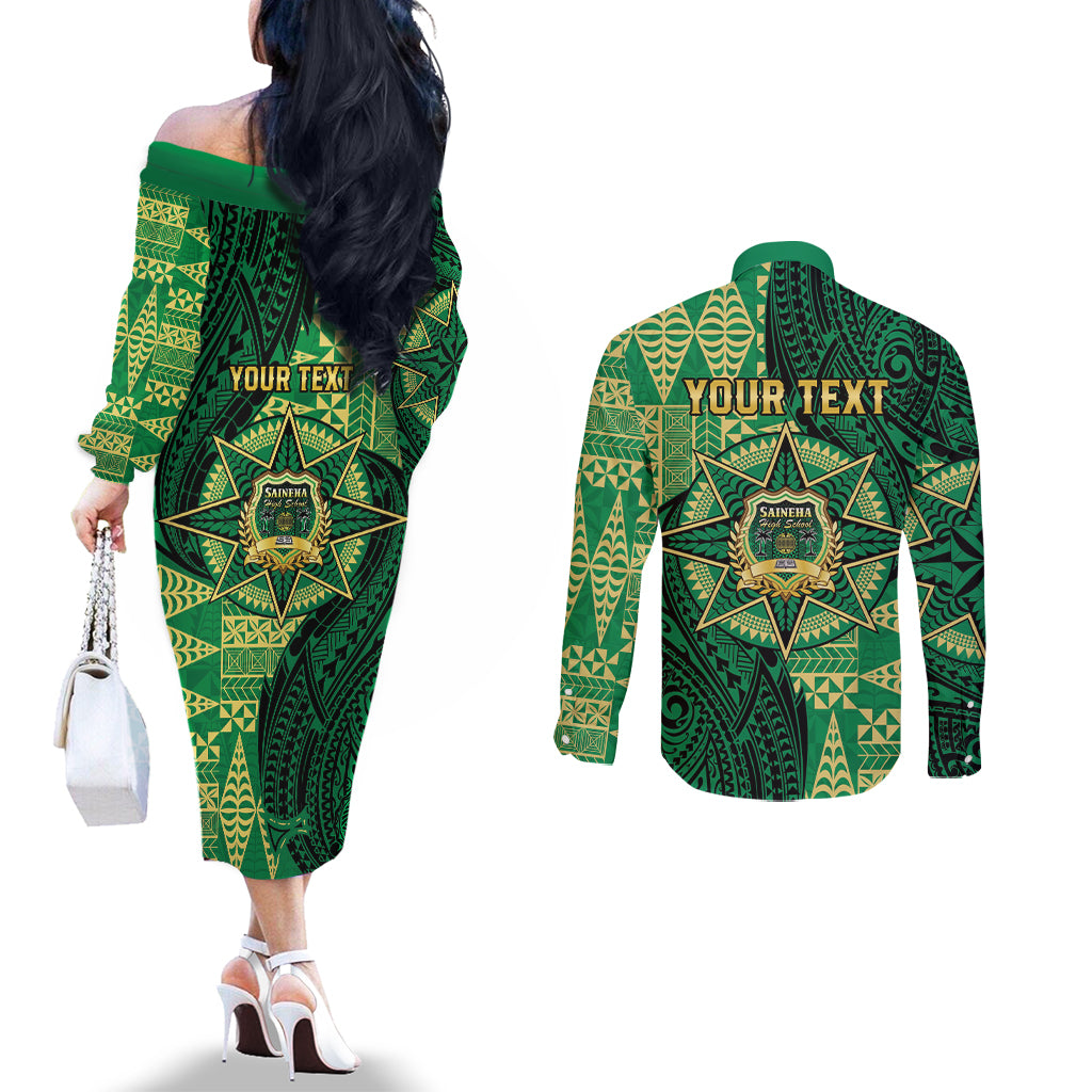 Personalised Tonga Saineha High School Couples Matching Off The Shoulder Long Sleeve Dress and Long Sleeve Button Shirt Since 1978 Special Kupesi Pattern LT9 - Polynesian Pride