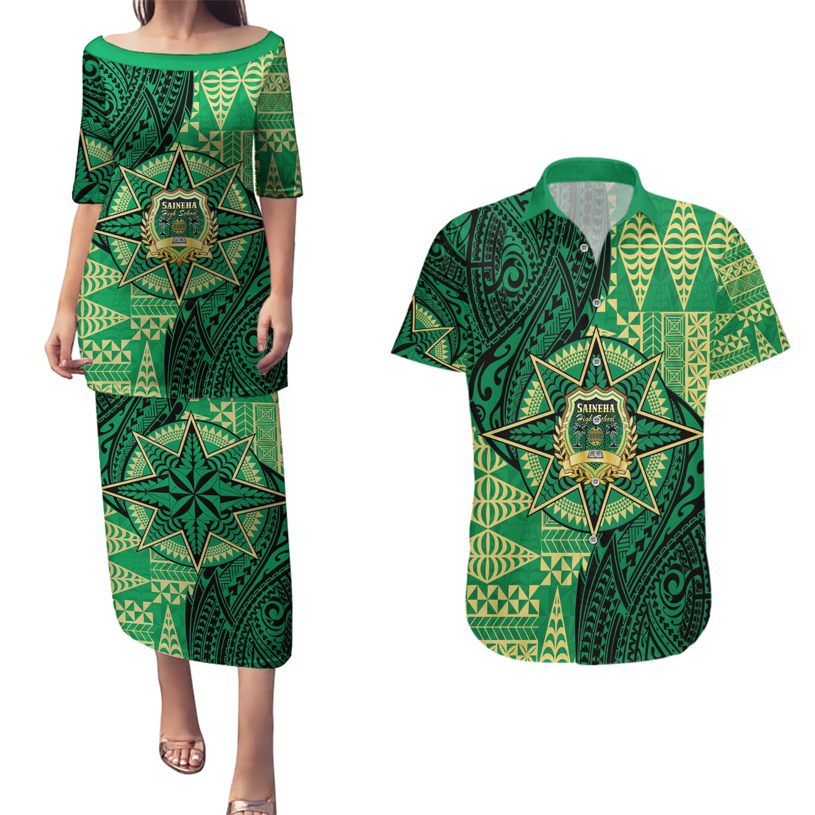 Personalised Tonga Saineha High School Couples Matching Puletasi and Hawaiian Shirt Since 1978 Special Kupesi Pattern LT9 Green - Polynesian Pride