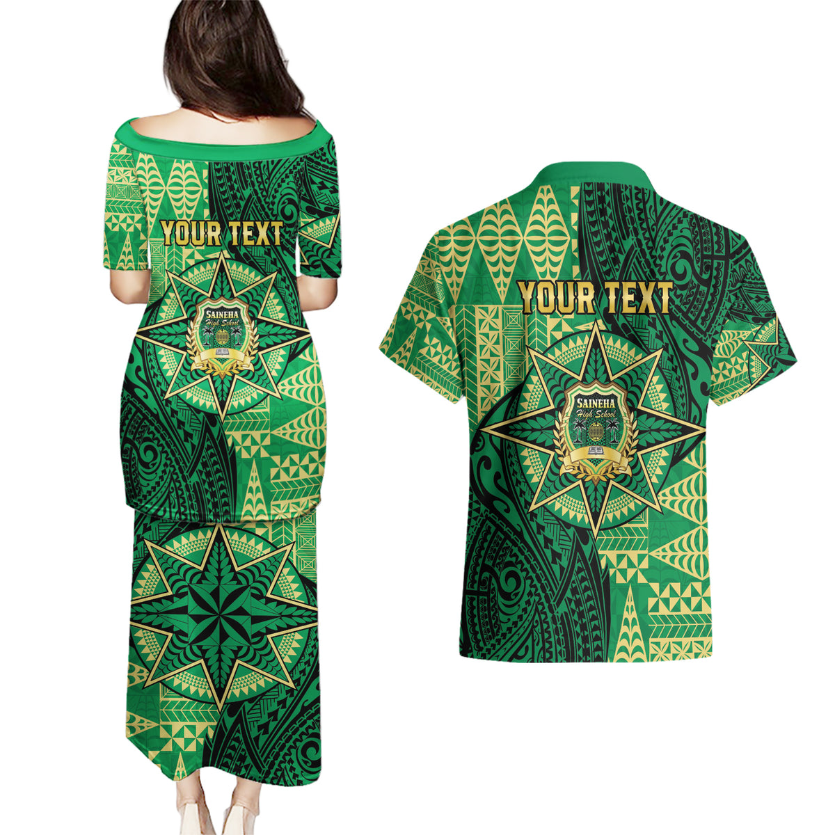 Personalised Tonga Saineha High School Couples Matching Puletasi and Hawaiian Shirt Since 1978 Special Kupesi Pattern LT9 - Polynesian Pride
