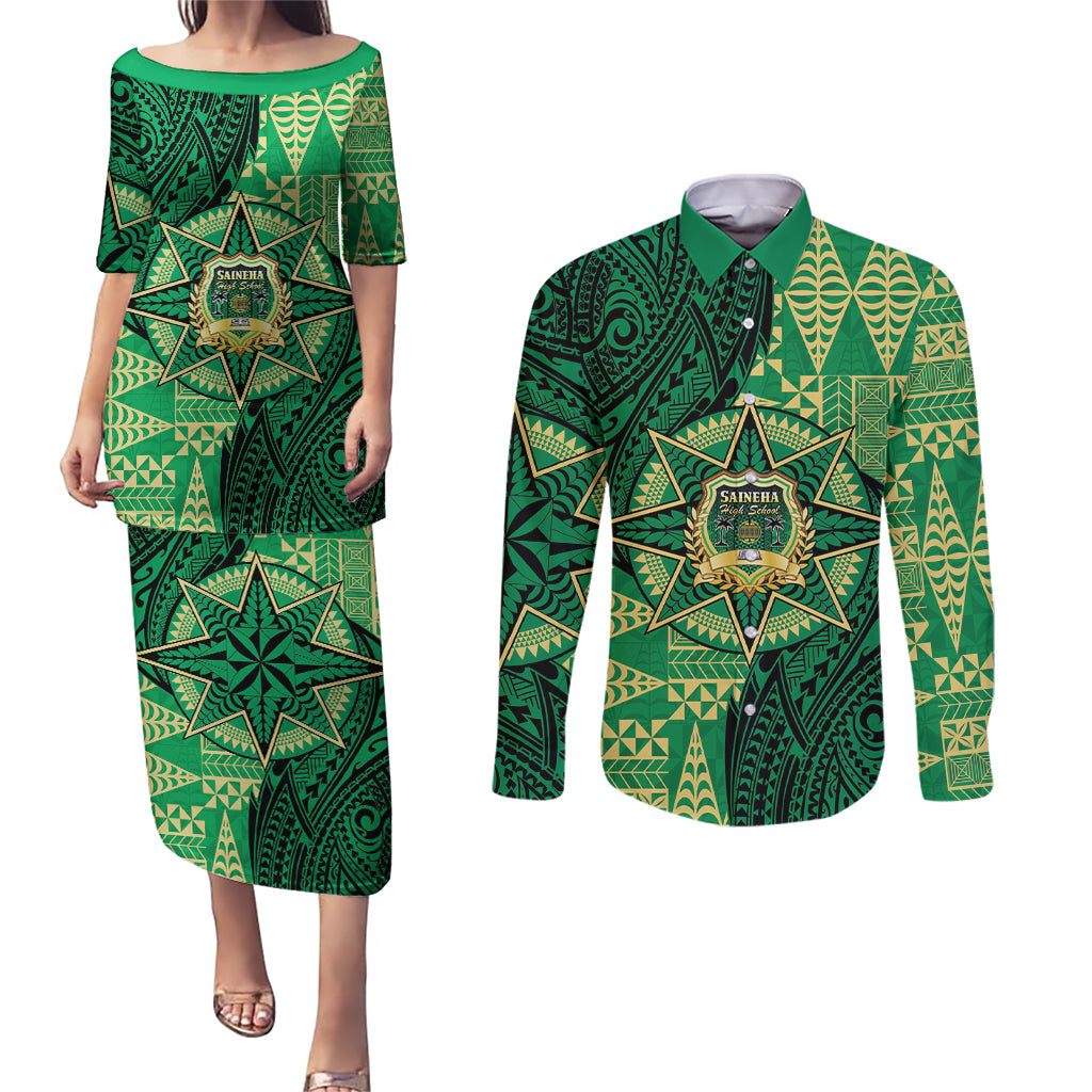 Personalised Tonga Saineha High School Couples Matching Puletasi and Long Sleeve Button Shirt Since 1978 Special Kupesi Pattern LT9 Green - Polynesian Pride