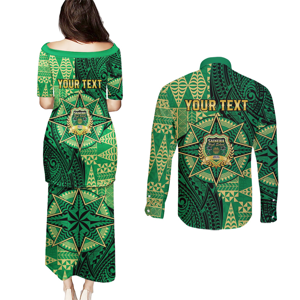 Personalised Tonga Saineha High School Couples Matching Puletasi and Long Sleeve Button Shirt Since 1978 Special Kupesi Pattern LT9 - Polynesian Pride