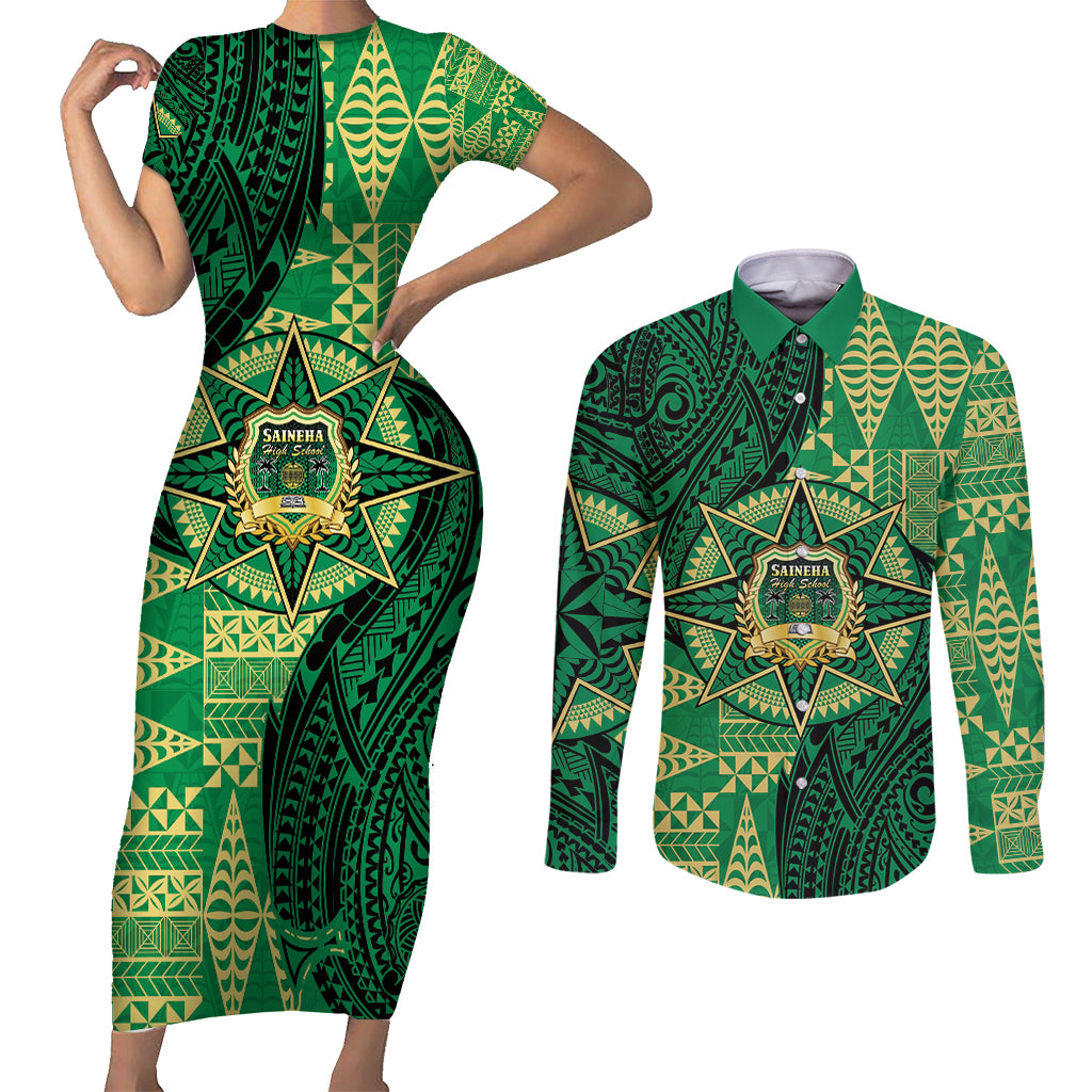 Personalised Tonga Saineha High School Couples Matching Short Sleeve Bodycon Dress and Long Sleeve Button Shirt Since 1978 Special Kupesi Pattern LT9 Green - Polynesian Pride