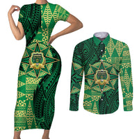 Personalised Tonga Saineha High School Couples Matching Short Sleeve Bodycon Dress and Long Sleeve Button Shirt Since 1978 Special Kupesi Pattern LT9 Green - Polynesian Pride