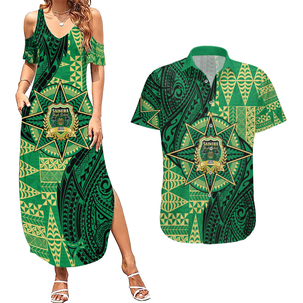 Personalised Tonga Saineha High School Couples Matching Summer Maxi Dress and Hawaiian Shirt Since 1978 Special Kupesi Pattern LT9 Green - Polynesian Pride
