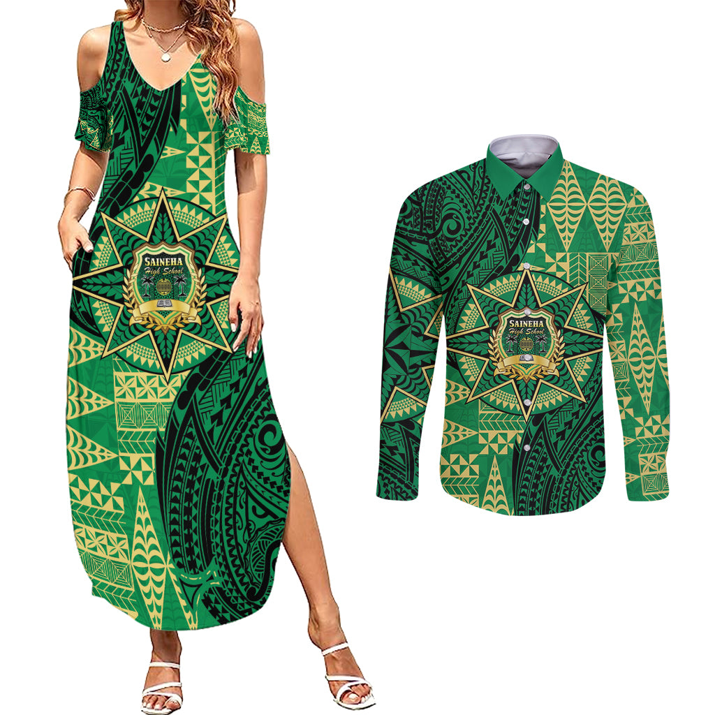 Personalised Tonga Saineha High School Couples Matching Summer Maxi Dress and Long Sleeve Button Shirt Since 1978 Special Kupesi Pattern LT9 Green - Polynesian Pride