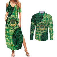 Personalised Tonga Saineha High School Couples Matching Summer Maxi Dress and Long Sleeve Button Shirt Since 1978 Special Kupesi Pattern LT9 Green - Polynesian Pride