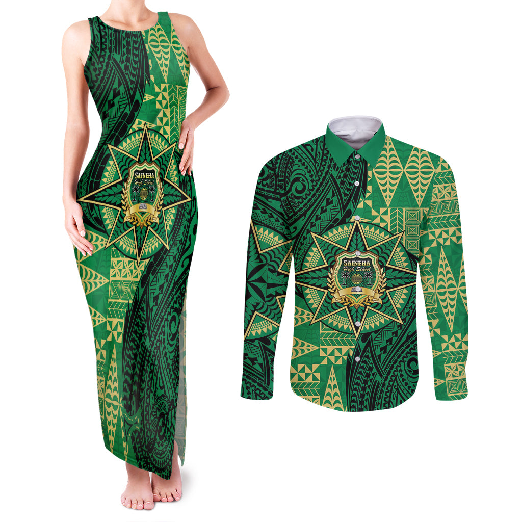 Personalised Tonga Saineha High School Couples Matching Tank Maxi Dress and Long Sleeve Button Shirt Since 1978 Special Kupesi Pattern LT9 Green - Polynesian Pride