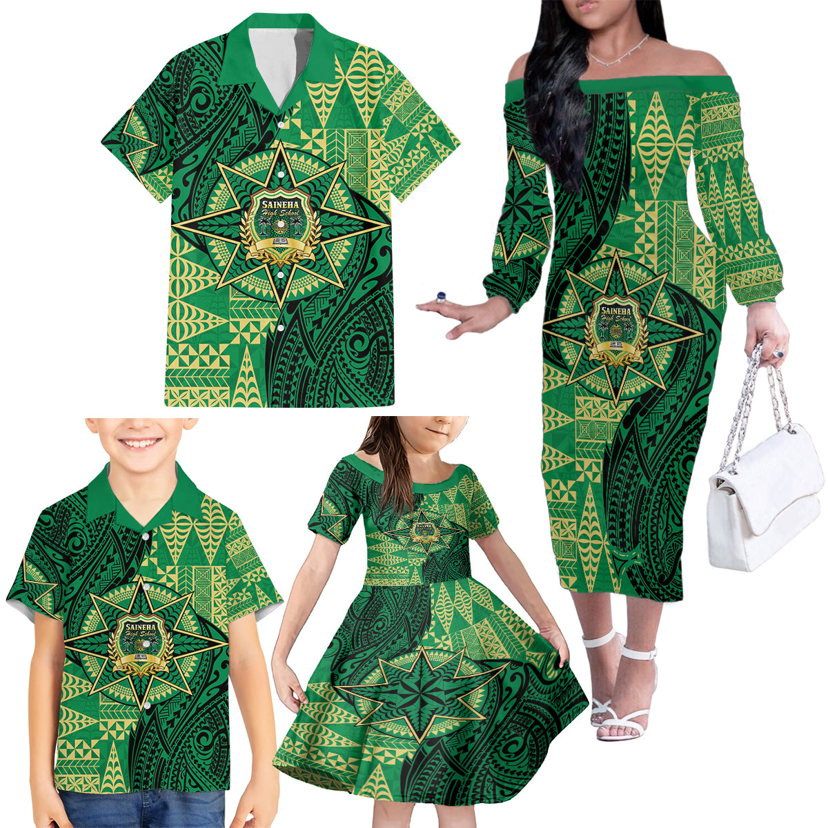 Personalised Tonga Saineha High School Family Matching Off The Shoulder Long Sleeve Dress and Hawaiian Shirt Since 1978 Special Kupesi Pattern LT9 - Polynesian Pride
