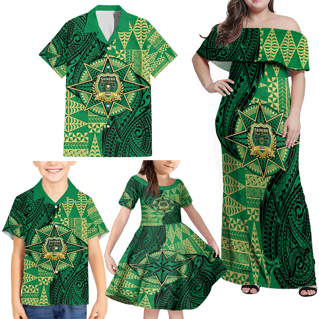 Personalised Tonga Saineha High School Family Matching Off Shoulder Maxi Dress and Hawaiian Shirt Since 1978 Special Kupesi Pattern