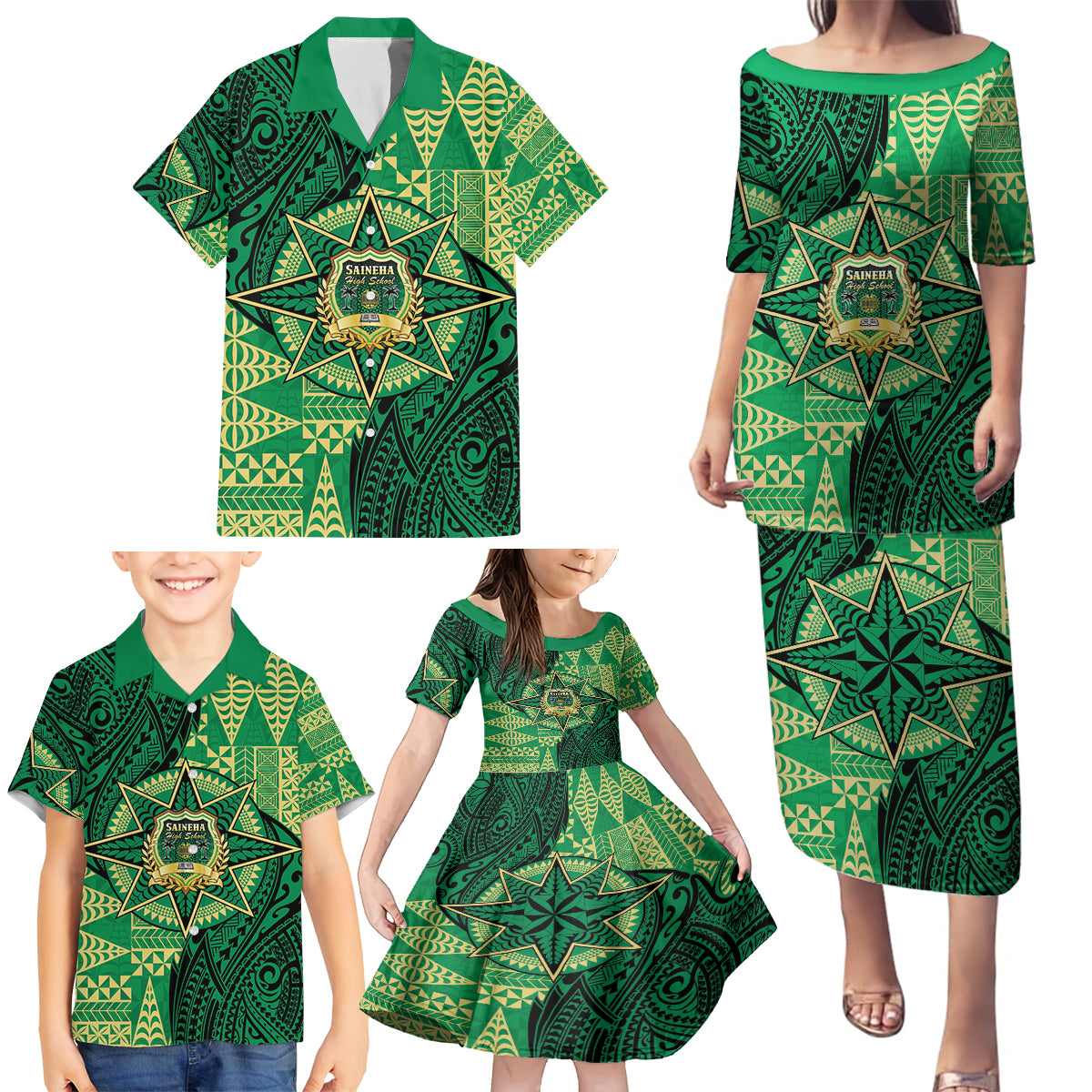 Personalised Tonga Saineha High School Family Matching Puletasi and Hawaiian Shirt Since 1978 Special Kupesi Pattern LT9 - Polynesian Pride