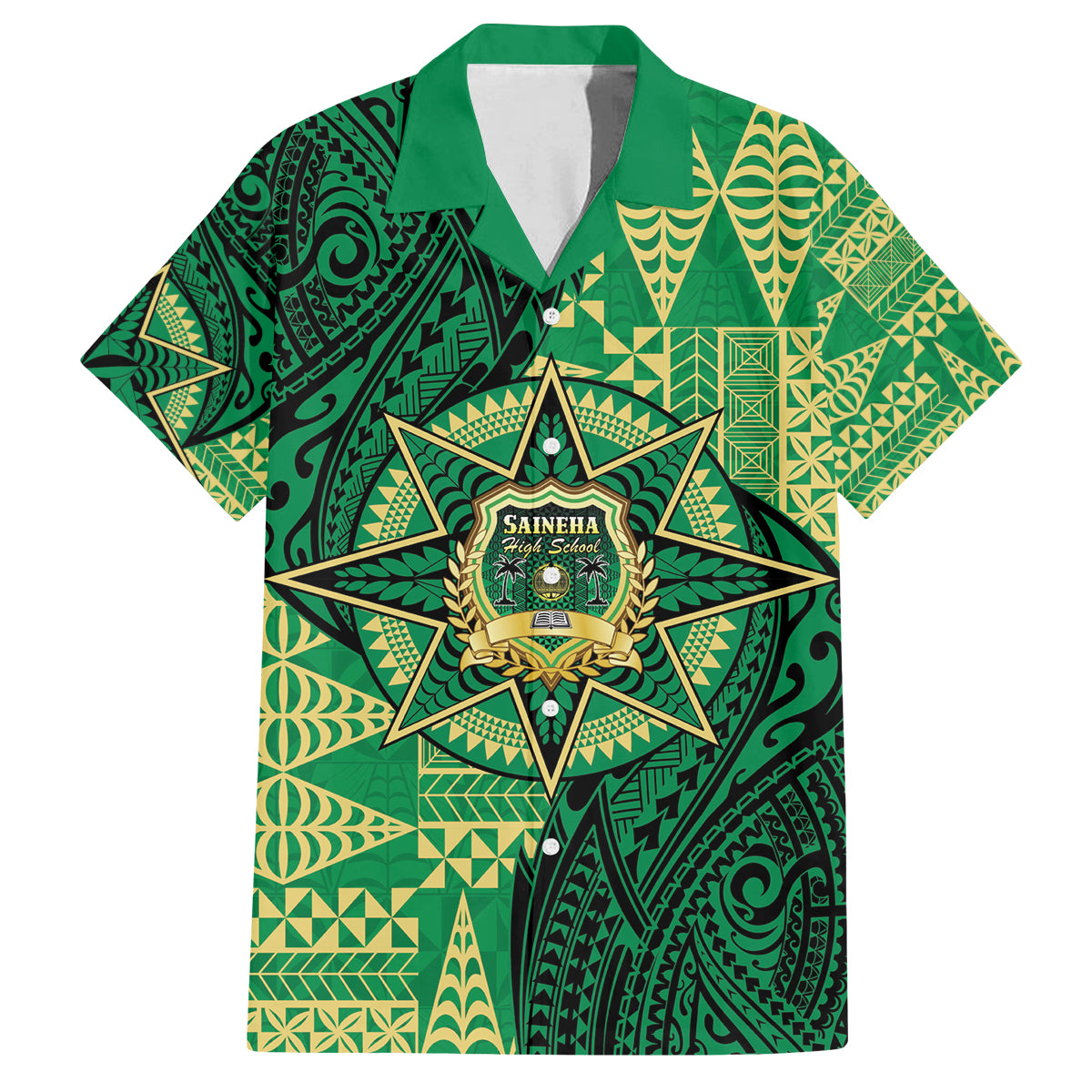 Personalised Tonga Saineha High School Family Matching Puletasi and Hawaiian Shirt Since 1978 Special Kupesi Pattern LT9 Dad's Shirt - Short Sleeve Green - Polynesian Pride
