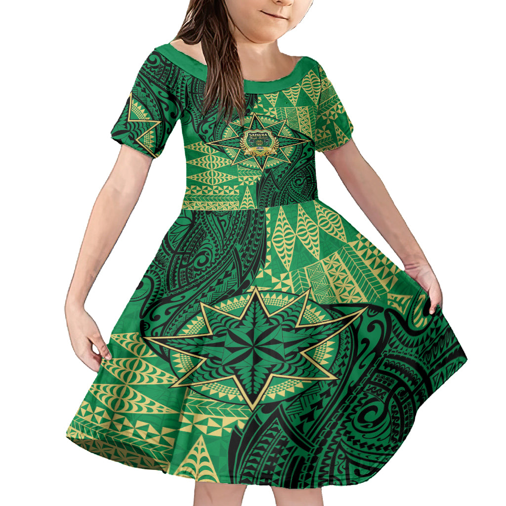 Personalised Tonga Saineha High School Family Matching Summer Maxi Dress and Hawaiian Shirt Since 1978 Special Kupesi Pattern LT9 Daughter's Dress Green - Polynesian Pride