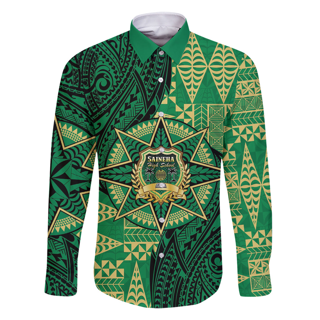 Personalised Tonga Saineha High School Family Matching Summer Maxi Dress and Hawaiian Shirt Since 1978 Special Kupesi Pattern LT9 Dad's Shirt - Long Sleeve Green - Polynesian Pride