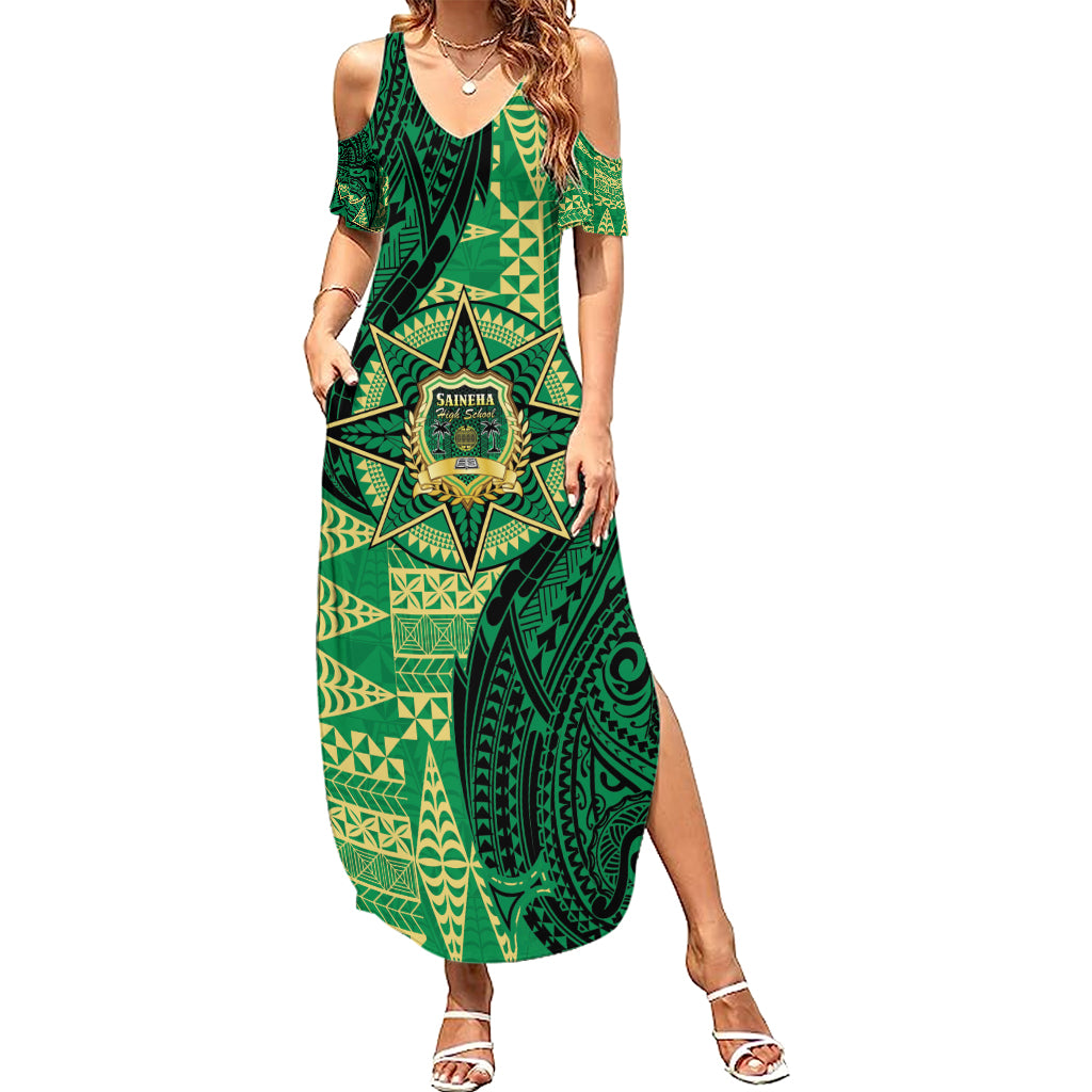 Personalised Tonga Saineha High School Family Matching Summer Maxi Dress and Hawaiian Shirt Since 1978 Special Kupesi Pattern LT9 Mom's Dress Green - Polynesian Pride