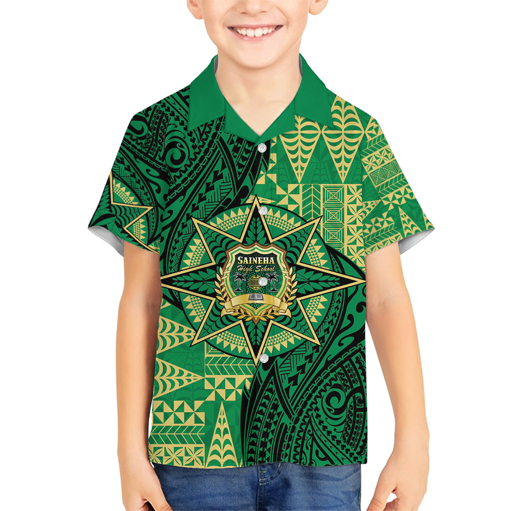 Personalised Tonga Saineha High School Family Matching Summer Maxi Dress and Hawaiian Shirt Since 1978 Special Kupesi Pattern LT9 Son's Shirt Green - Polynesian Pride