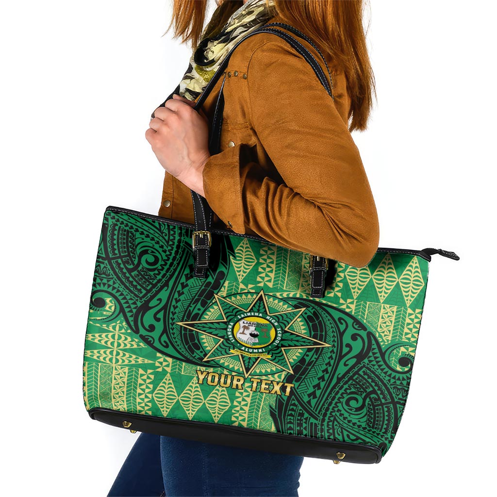 Personalised Tonga Saineha High School Leather Tote Bag Since 1978 Special Kupesi Pattern LT9 Green - Polynesian Pride