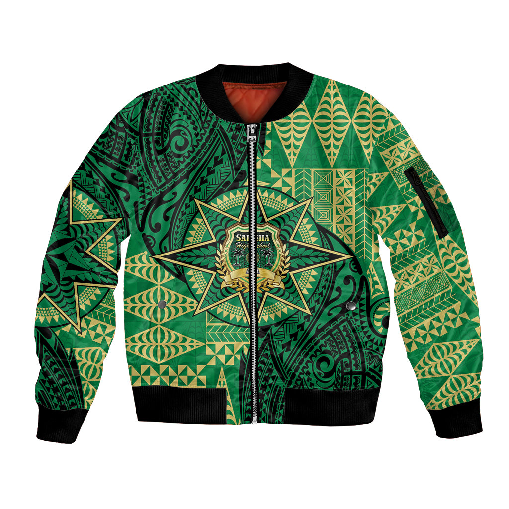 Personalised Tonga Saineha High School Sleeve Zip Bomber Jacket Since 1978 Special Kupesi Pattern LT9 Unisex Green - Polynesian Pride