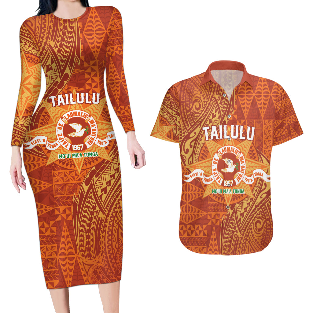 Personalised Tonga Tailulu College Couples Matching Long Sleeve Bodycon Dress and Hawaiian Shirt Since 1967 Special Kupesi Pattern Version 1 LT9 Gold - Polynesian Pride
