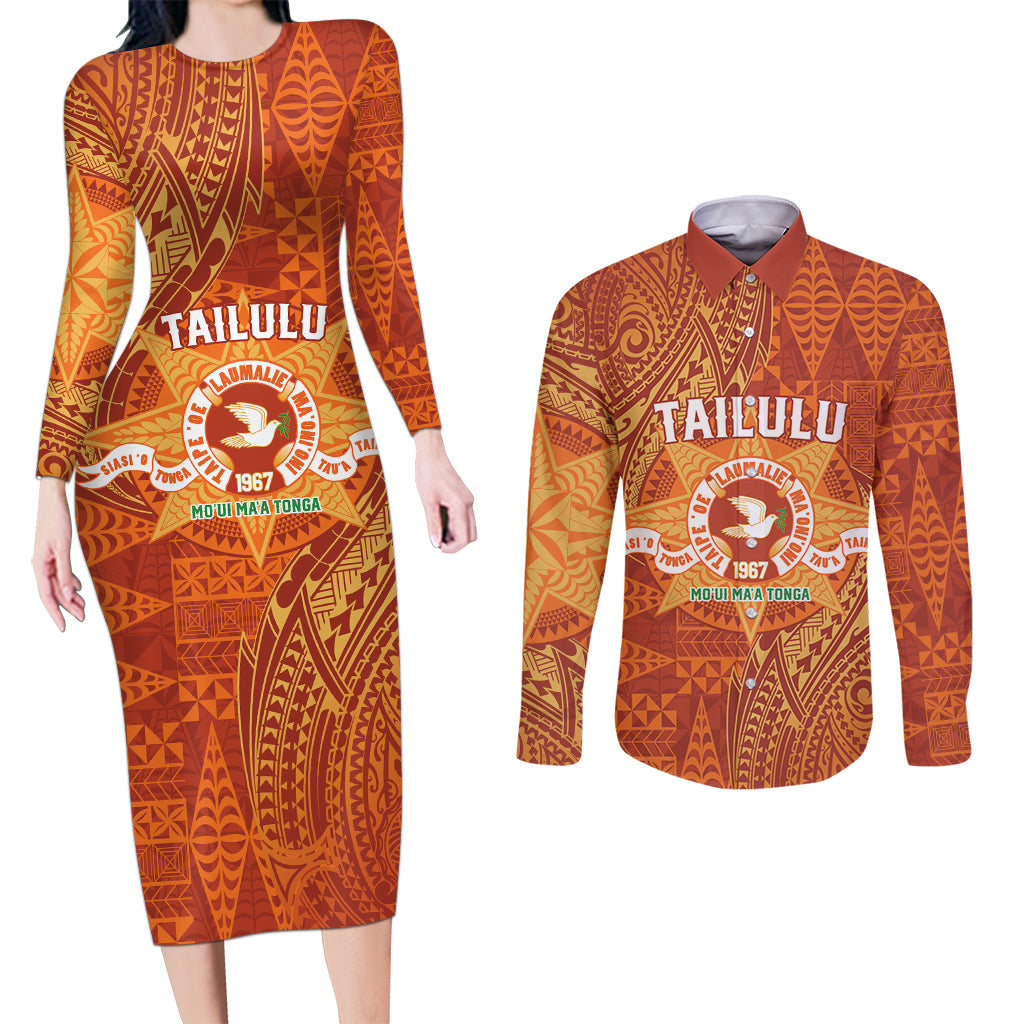 Personalised Tonga Tailulu College Couples Matching Long Sleeve Bodycon Dress and Long Sleeve Button Shirt Since 1967 Special Kupesi Pattern Version 1 LT9 Gold - Polynesian Pride