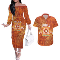 Personalised Tonga Tailulu College Couples Matching Off The Shoulder Long Sleeve Dress and Hawaiian Shirt Since 1967 Special Kupesi Pattern Version 1 LT9 Gold - Polynesian Pride