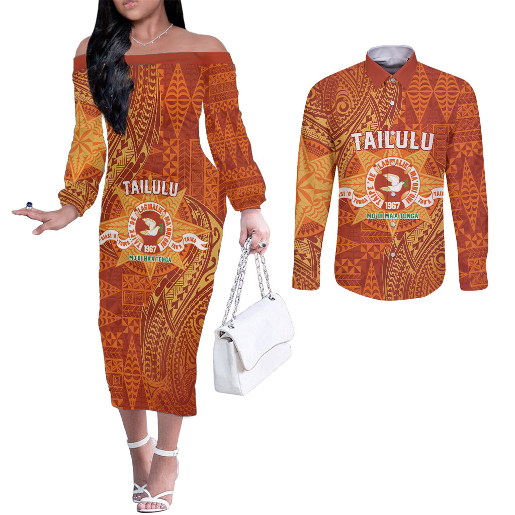 Personalised Tonga Tailulu College Couples Matching Off The Shoulder Long Sleeve Dress and Long Sleeve Button Shirt Since 1967 Special Kupesi Pattern Version 1 LT9 Gold - Polynesian Pride