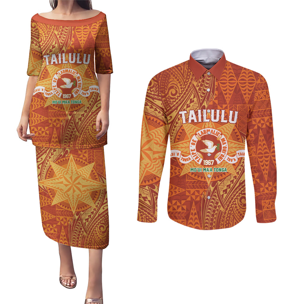 Personalised Tonga Tailulu College Couples Matching Puletasi and Long Sleeve Button Shirt Since 1967 Special Kupesi Pattern Version 1