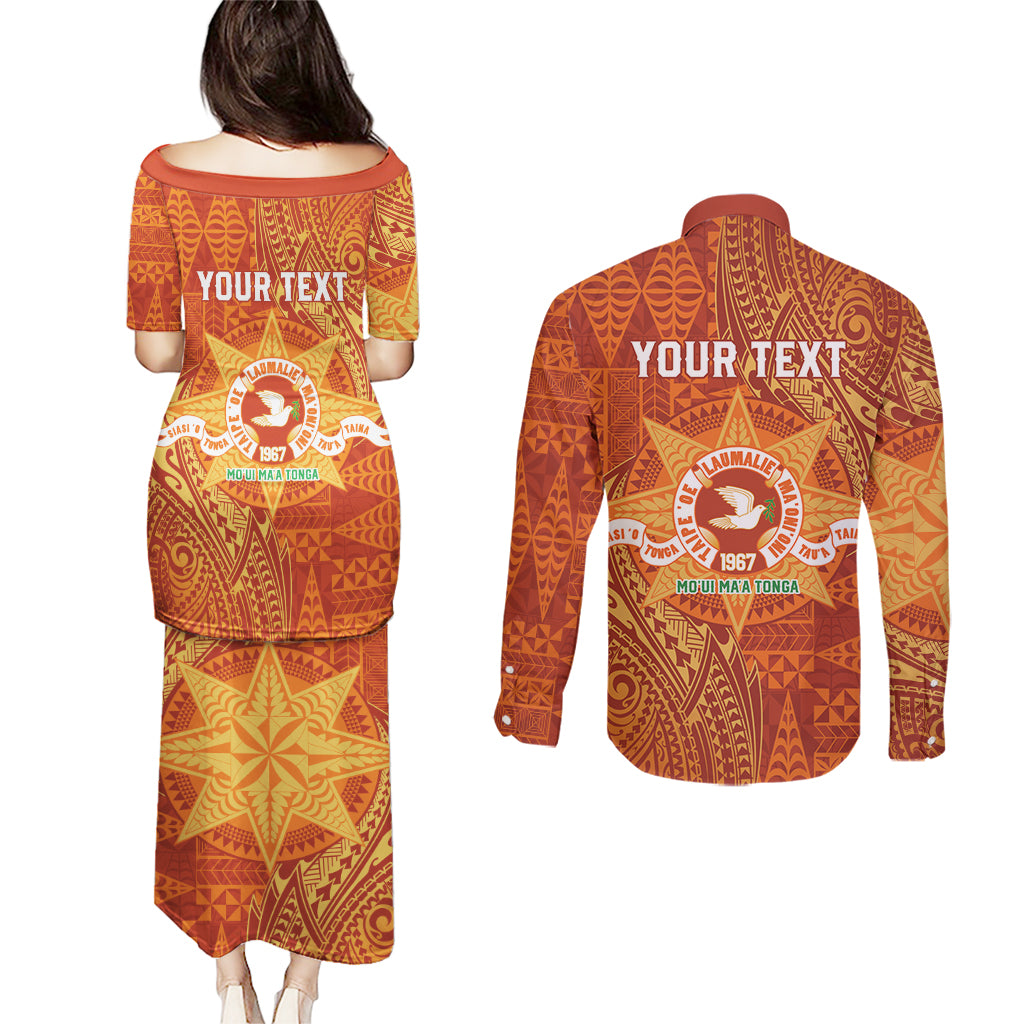 Personalised Tonga Tailulu College Couples Matching Puletasi and Long Sleeve Button Shirt Since 1967 Special Kupesi Pattern Version 1 LT9 - Polynesian Pride