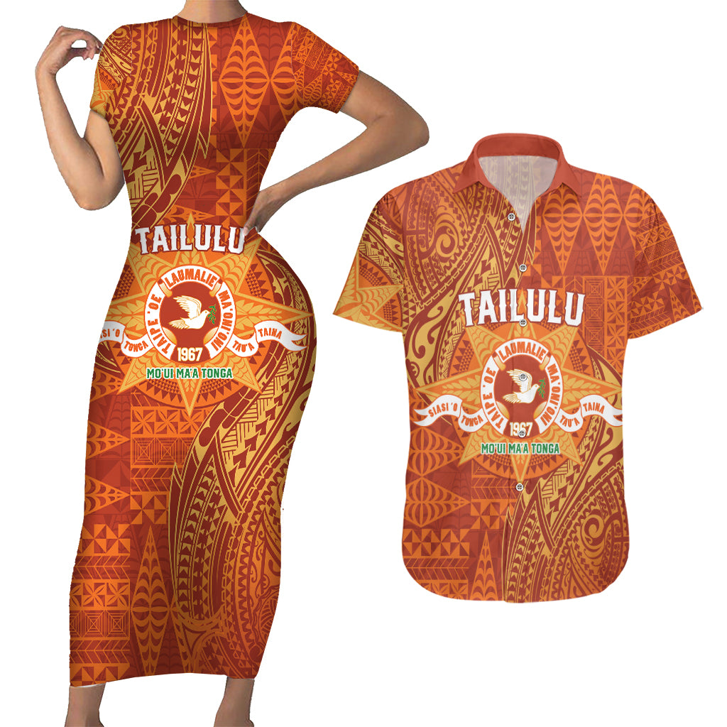 Personalised Tonga Tailulu College Couples Matching Short Sleeve Bodycon Dress and Hawaiian Shirt Since 1967 Special Kupesi Pattern Version 1 LT9 Gold - Polynesian Pride