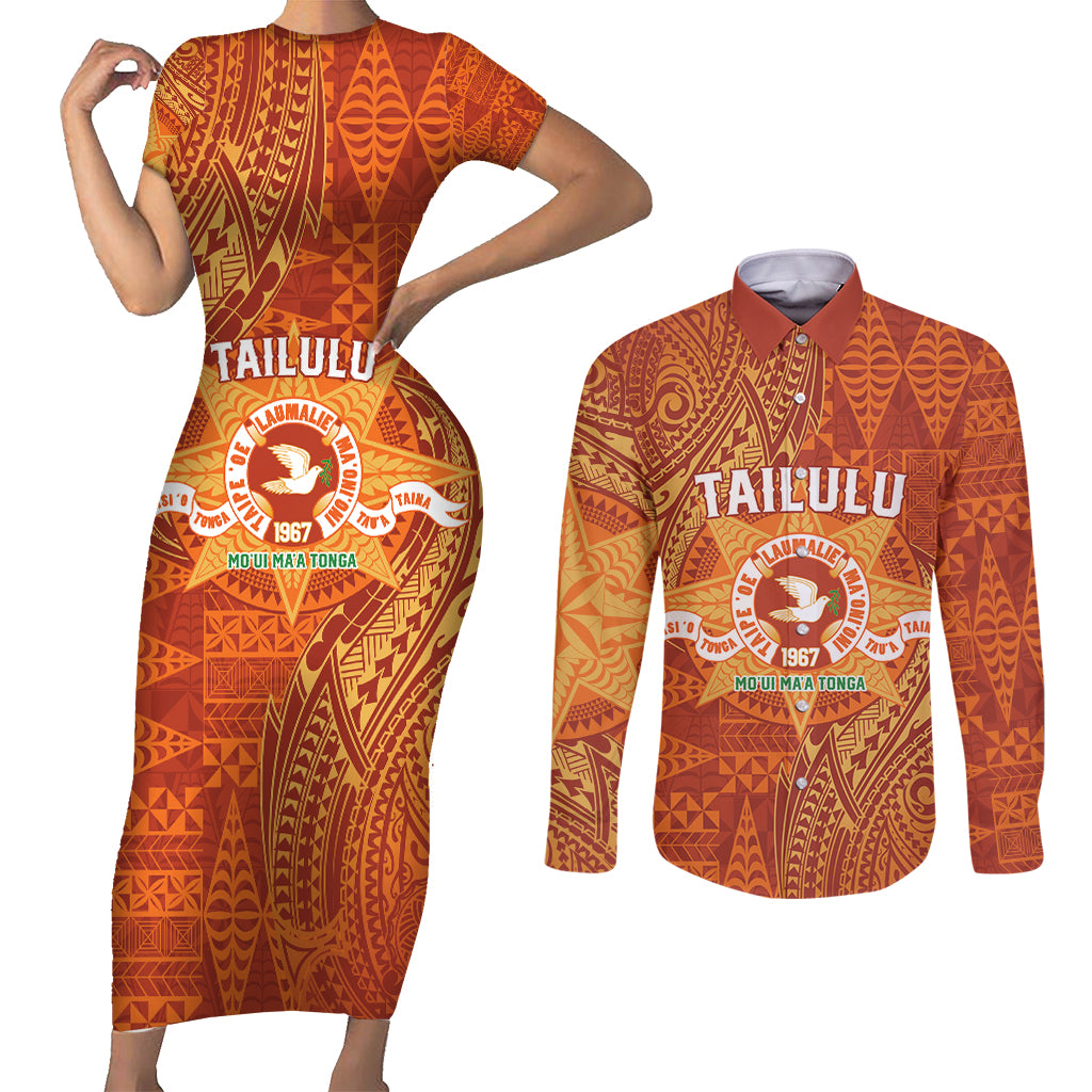 Personalised Tonga Tailulu College Couples Matching Short Sleeve Bodycon Dress and Long Sleeve Button Shirt Since 1967 Special Kupesi Pattern Version 1 LT9 Gold - Polynesian Pride