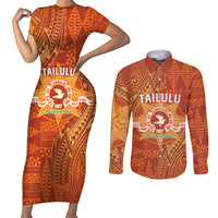 Personalised Tonga Tailulu College Couples Matching Short Sleeve Bodycon Dress and Long Sleeve Button Shirt Since 1967 Special Kupesi Pattern Version 1 LT9 Gold - Polynesian Pride