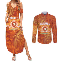 Personalised Tonga Tailulu College Couples Matching Summer Maxi Dress and Long Sleeve Button Shirt Since 1967 Special Kupesi Pattern Version 1 LT9 Gold - Polynesian Pride
