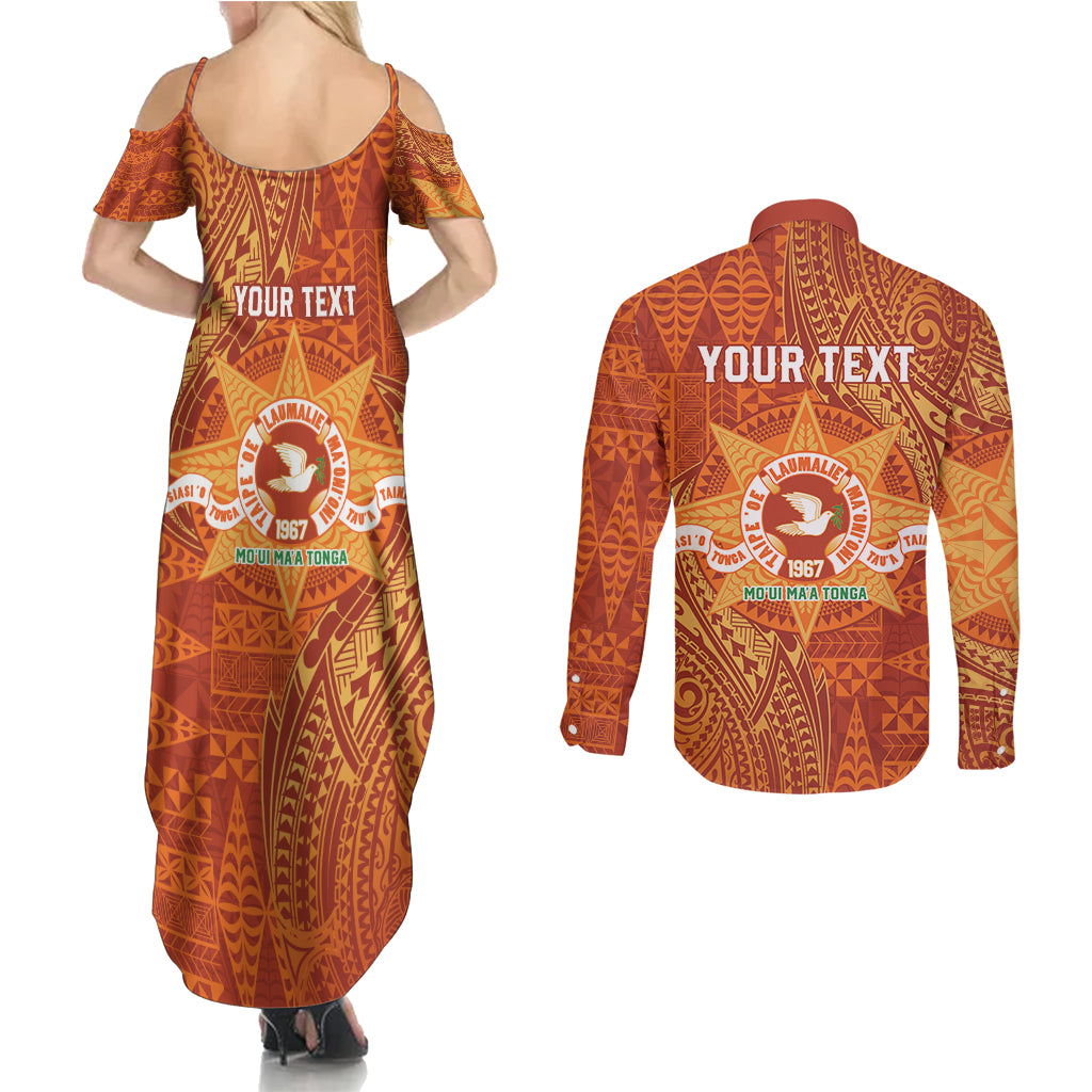 Personalised Tonga Tailulu College Couples Matching Summer Maxi Dress and Long Sleeve Button Shirt Since 1967 Special Kupesi Pattern Version 1 LT9 - Polynesian Pride
