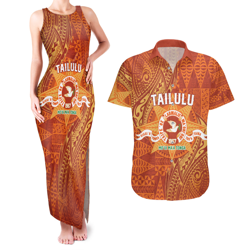 Personalised Tonga Tailulu College Couples Matching Tank Maxi Dress and Hawaiian Shirt Since 1967 Special Kupesi Pattern Version 1 LT9 Gold - Polynesian Pride