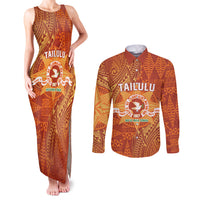 Personalised Tonga Tailulu College Couples Matching Tank Maxi Dress and Long Sleeve Button Shirt Since 1967 Special Kupesi Pattern Version 1 LT9 Gold - Polynesian Pride