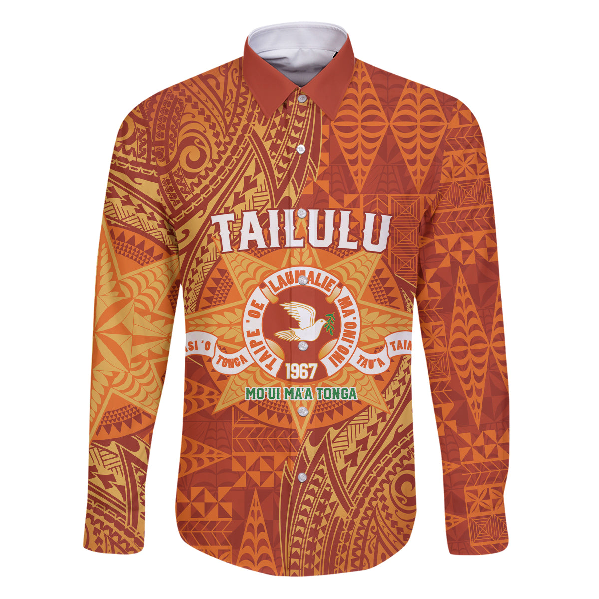 Personalised Tonga Tailulu College Family Matching Puletasi and Hawaiian Shirt Since 1967 Special Kupesi Pattern Version 1 LT9 Dad's Shirt - Long Sleeve Gold - Polynesian Pride
