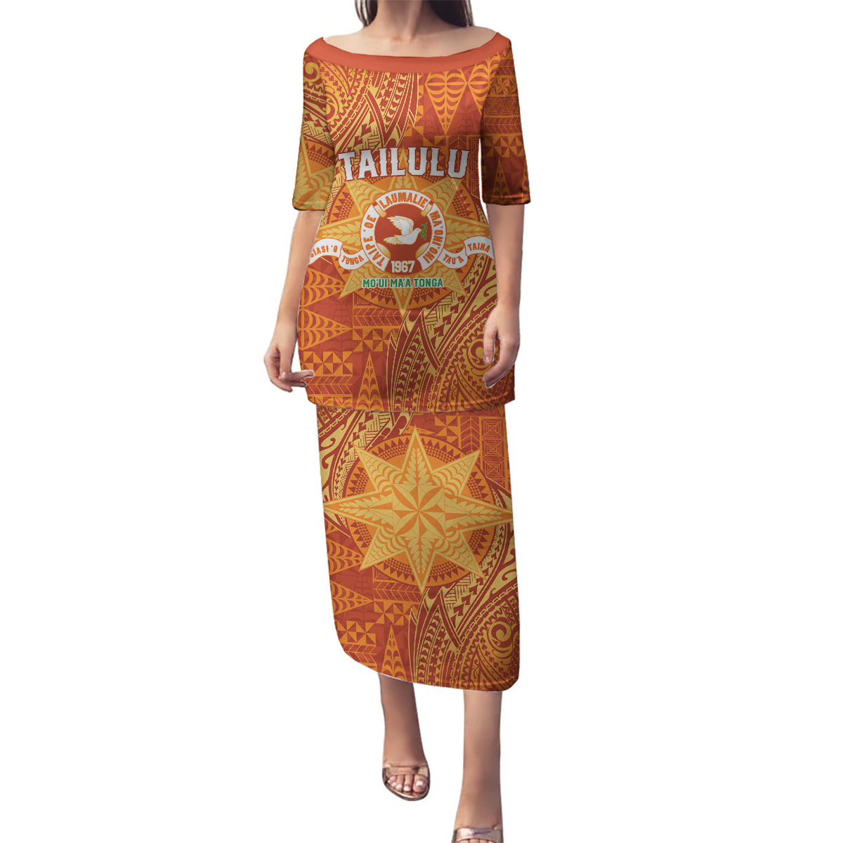 Personalised Tonga Tailulu College Family Matching Puletasi and Hawaiian Shirt Since 1967 Special Kupesi Pattern Version 1 LT9 Mom's Dress Gold - Polynesian Pride