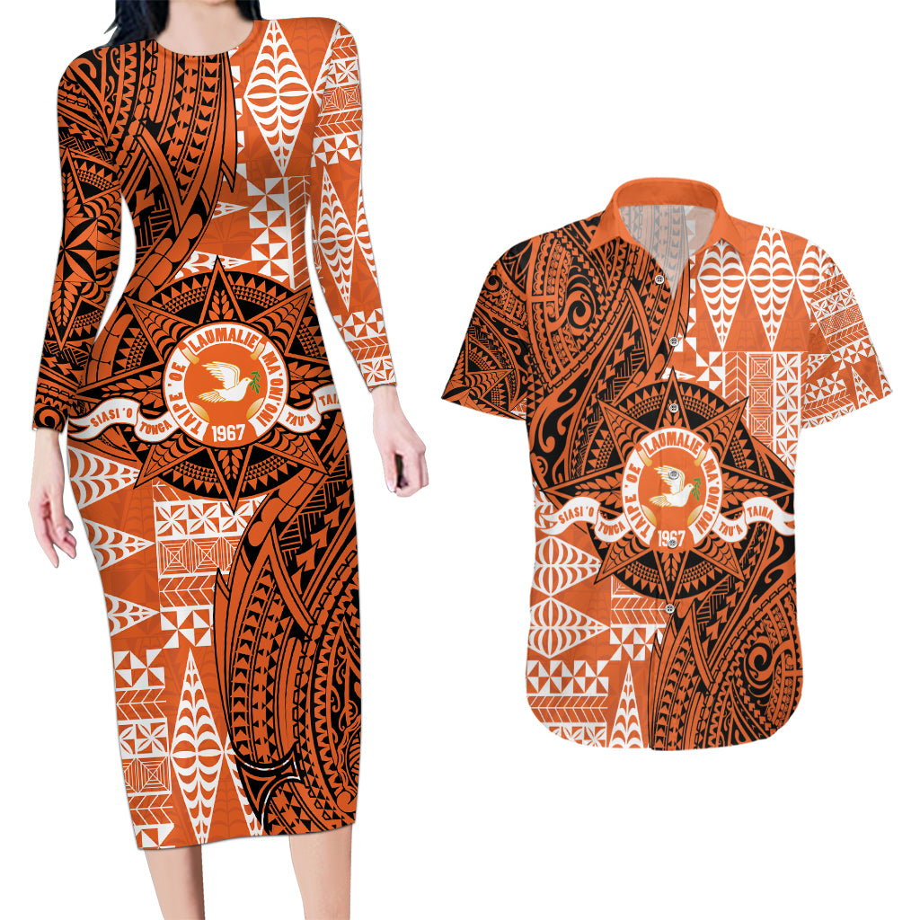 Personalised Tonga Tailulu College Couples Matching Long Sleeve Bodycon Dress and Hawaiian Shirt Since 1967 Special Kupesi Pattern Version 2 LT9 Black - Polynesian Pride