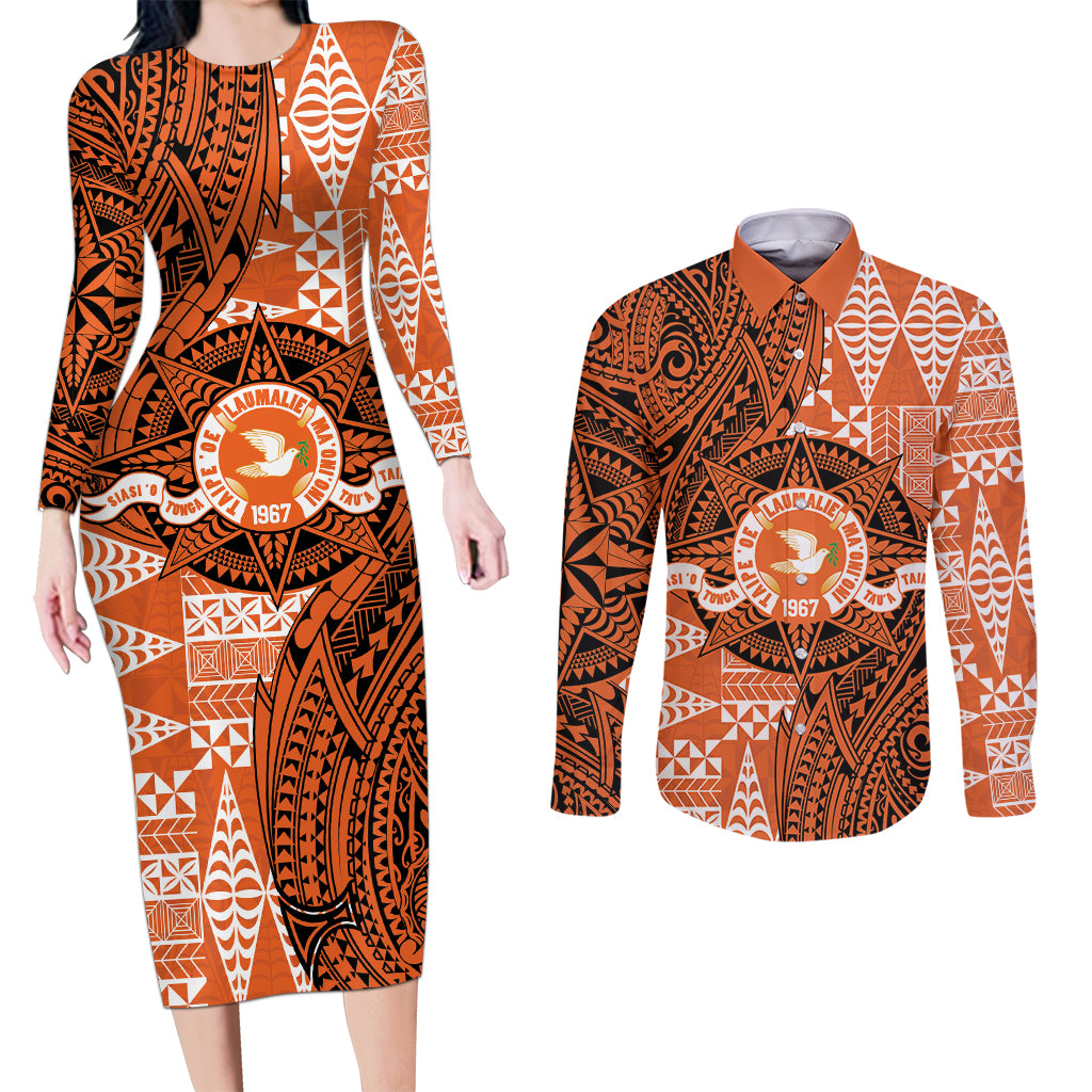 Personalised Tonga Tailulu College Couples Matching Long Sleeve Bodycon Dress and Long Sleeve Button Shirt Since 1967 Special Kupesi Pattern Version 2 LT9 Black - Polynesian Pride