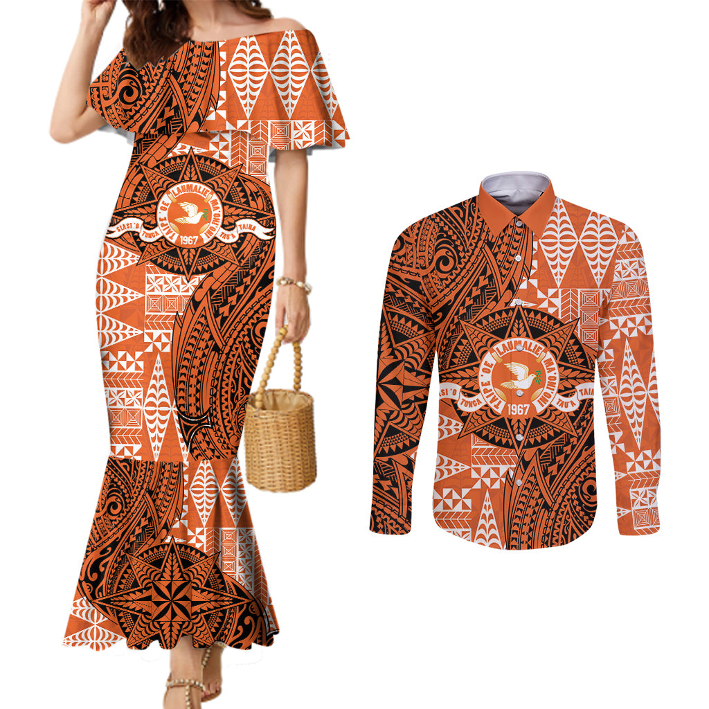 Personalised Tonga Tailulu College Couples Matching Mermaid Dress and Long Sleeve Button Shirt Since 1967 Special Kupesi Pattern Version 2 LT9 Black - Polynesian Pride
