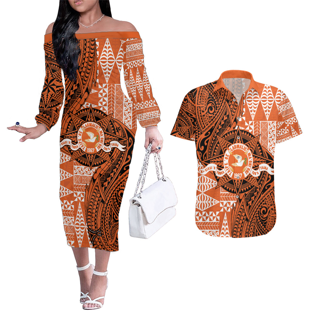 Personalised Tonga Tailulu College Couples Matching Off The Shoulder Long Sleeve Dress and Hawaiian Shirt Since 1967 Special Kupesi Pattern Version 2 LT9 Black - Polynesian Pride