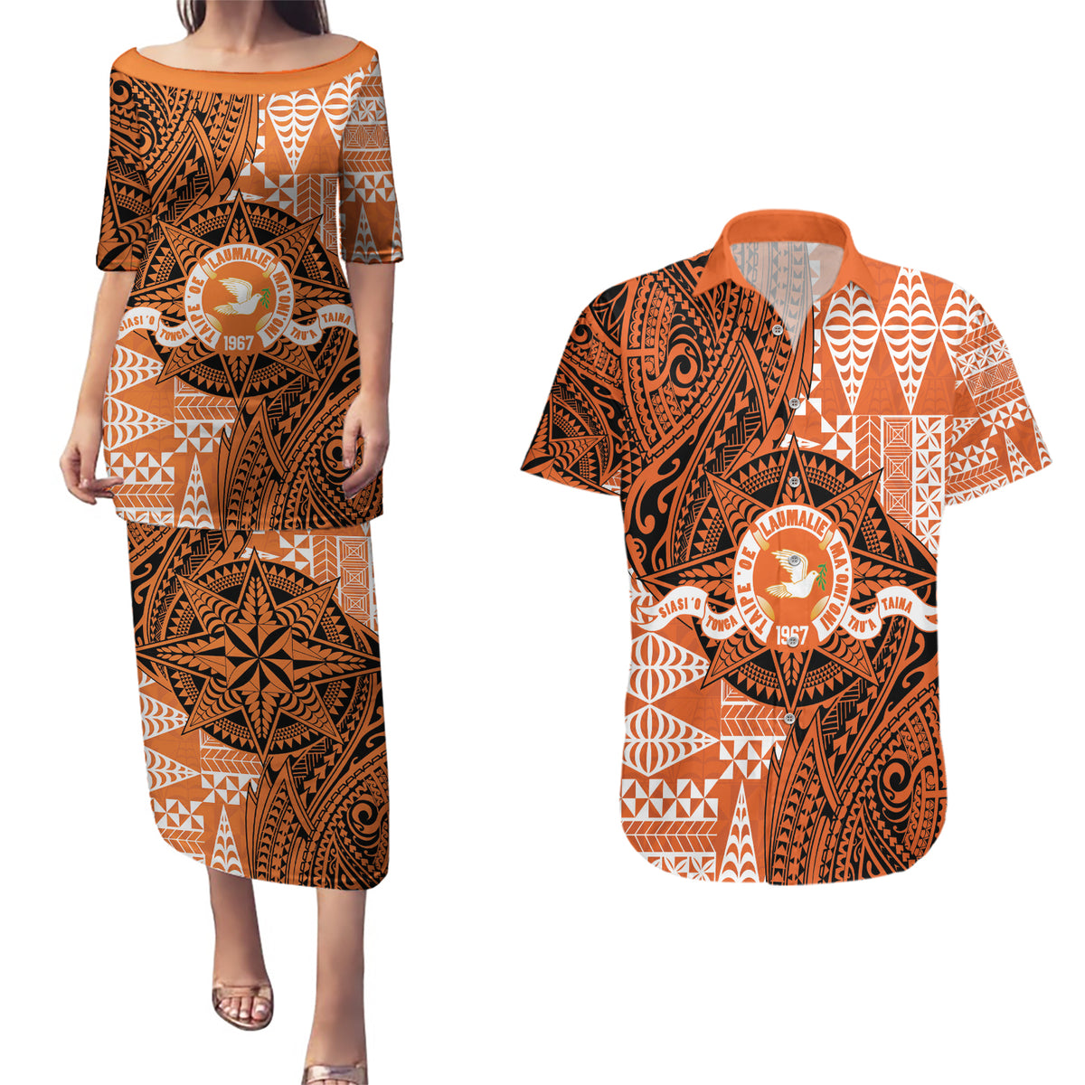 Personalised Tonga Tailulu College Couples Matching Puletasi and Hawaiian Shirt Since 1967 Special Kupesi Pattern Version 2 LT9 Black - Polynesian Pride