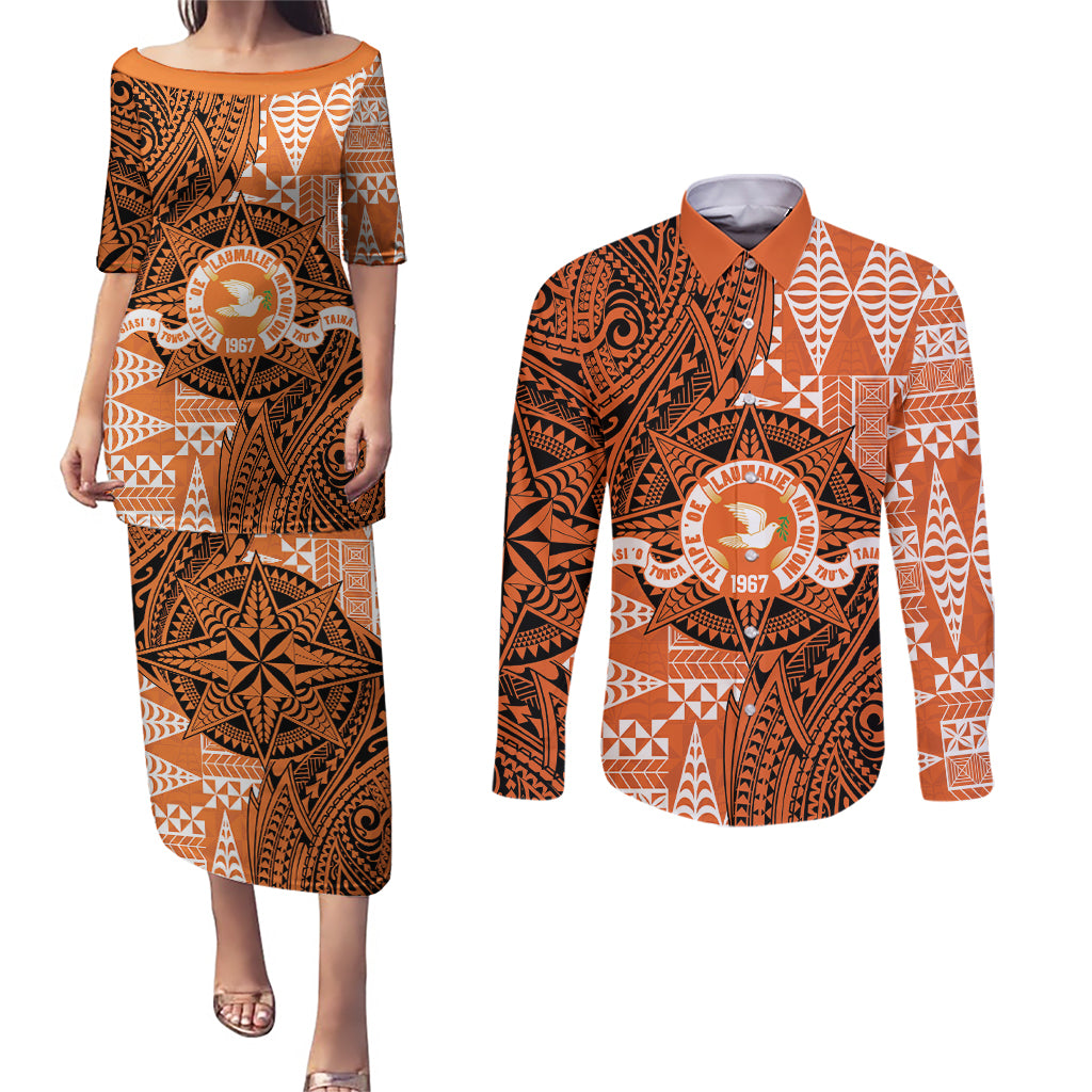 Personalised Tonga Tailulu College Couples Matching Puletasi and Long Sleeve Button Shirt Since 1967 Special Kupesi Pattern Version 2 LT9 Black - Polynesian Pride
