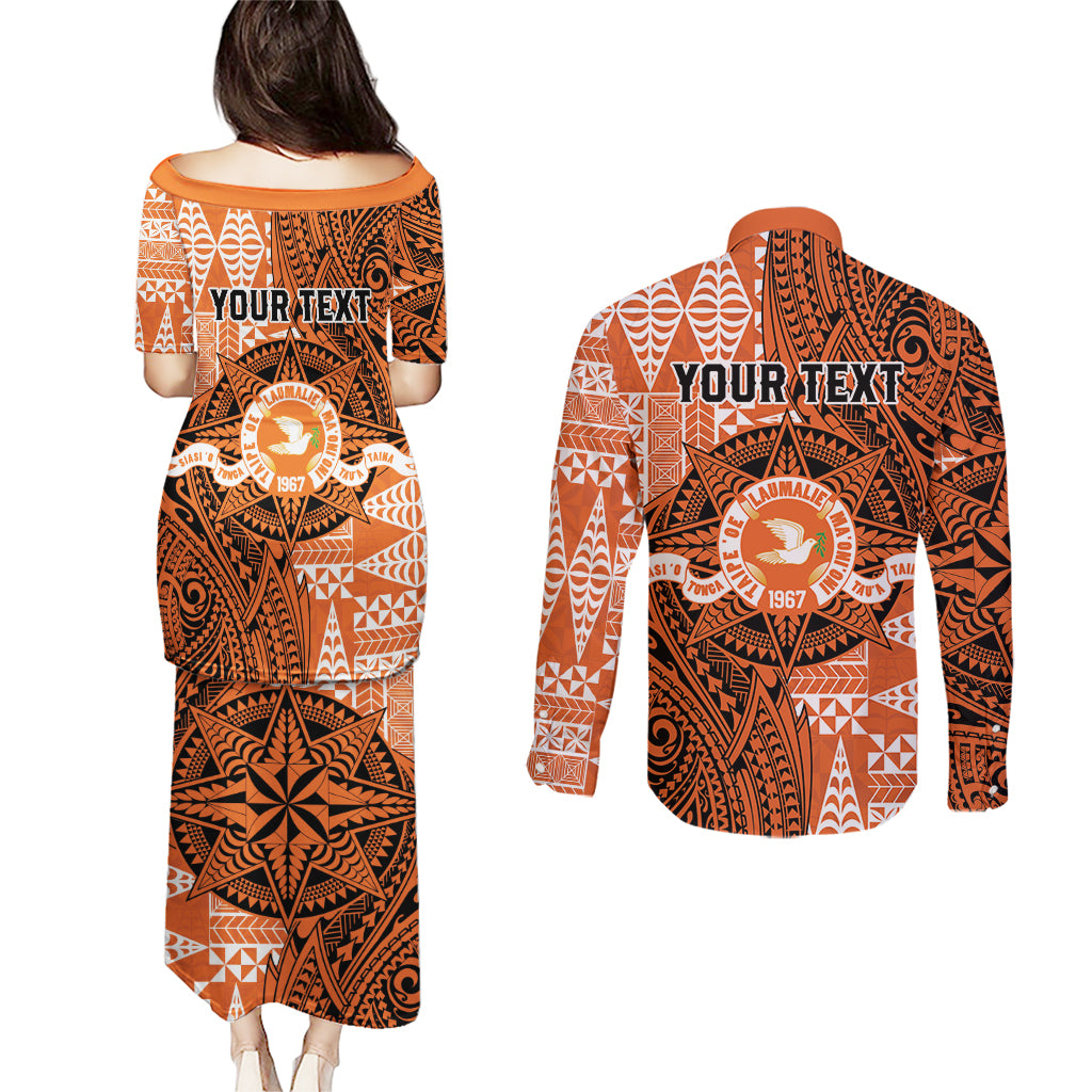 Personalised Tonga Tailulu College Couples Matching Puletasi and Long Sleeve Button Shirt Since 1967 Special Kupesi Pattern Version 2 LT9 - Polynesian Pride