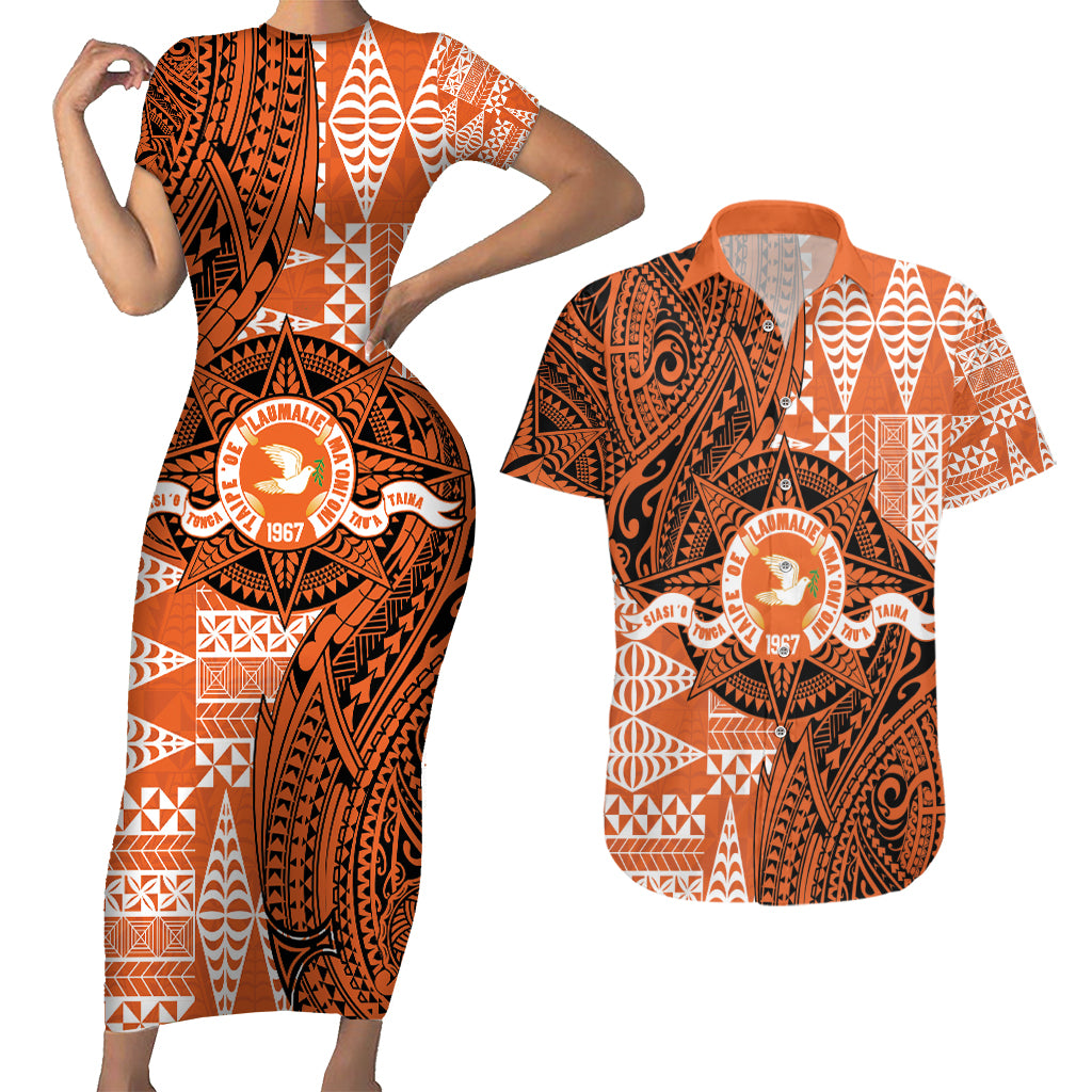 Personalised Tonga Tailulu College Couples Matching Short Sleeve Bodycon Dress and Hawaiian Shirt Since 1967 Special Kupesi Pattern Version 2 LT9 Black - Polynesian Pride