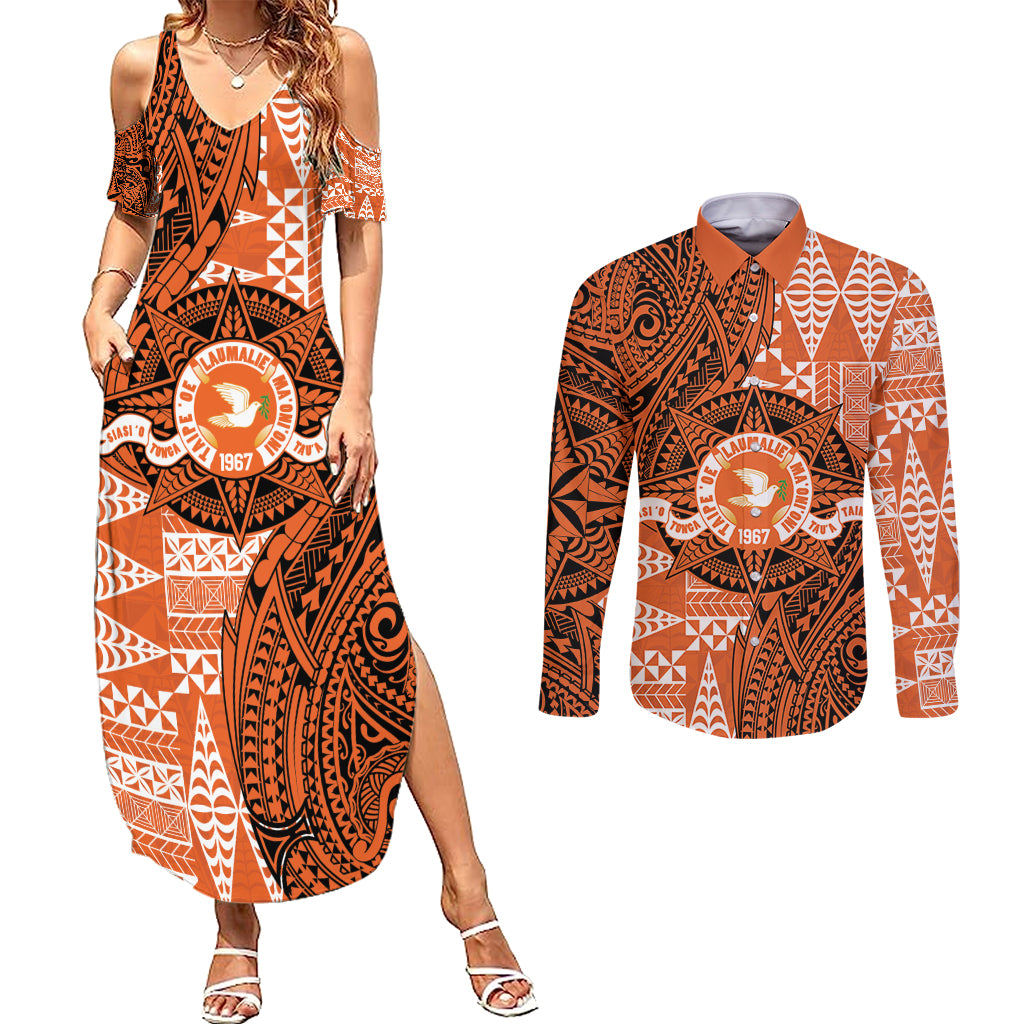 Personalised Tonga Tailulu College Couples Matching Summer Maxi Dress and Long Sleeve Button Shirt Since 1967 Special Kupesi Pattern Version 2 LT9 Black - Polynesian Pride