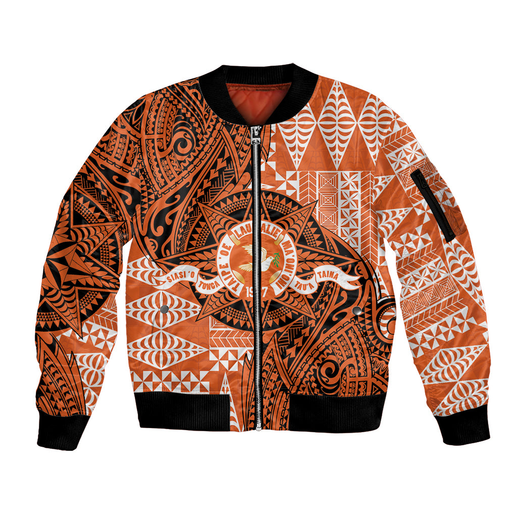 Personalised Tonga Tailulu College Sleeve Zip Bomber Jacket Since 1967 Special Kupesi Pattern Version 2 LT9 Unisex Black - Polynesian Pride